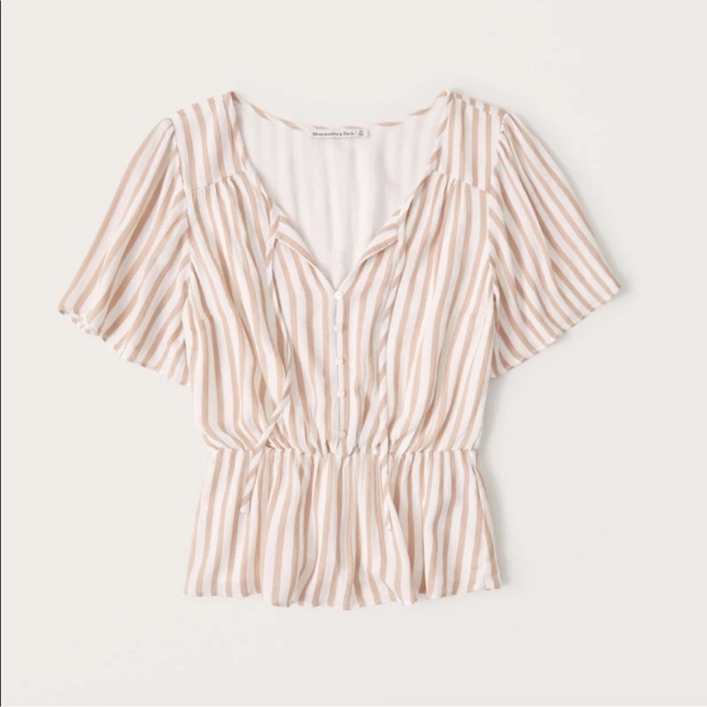 Button-Through Flutter Sleeve Top - Tan Stripe - … - image 1